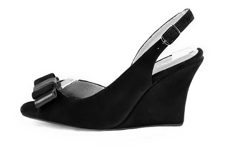 Matt black women's slingback sandals. Round toe. High wedge heels. Profile view - Florence KOOIJMAN
